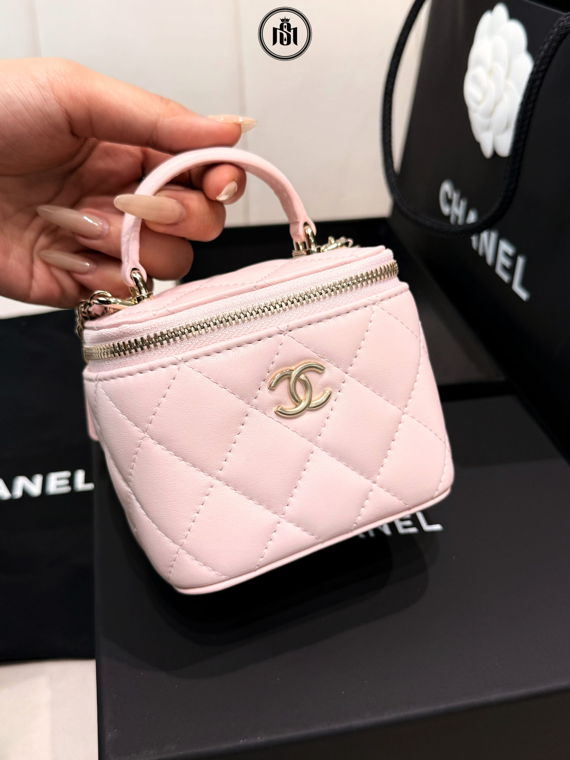CHANEL MINI VANITY CASE TOP HANDLE WITH CHAIN LAMBSKIN GOLD-TONE METAL LIGHT PINK 2 CHANEL MINI VANITY CASE TOP HANDLE WITH CHAIN LAMBSKIN GOLD-TONE METAL LIGHT PINK - Ảnh 2