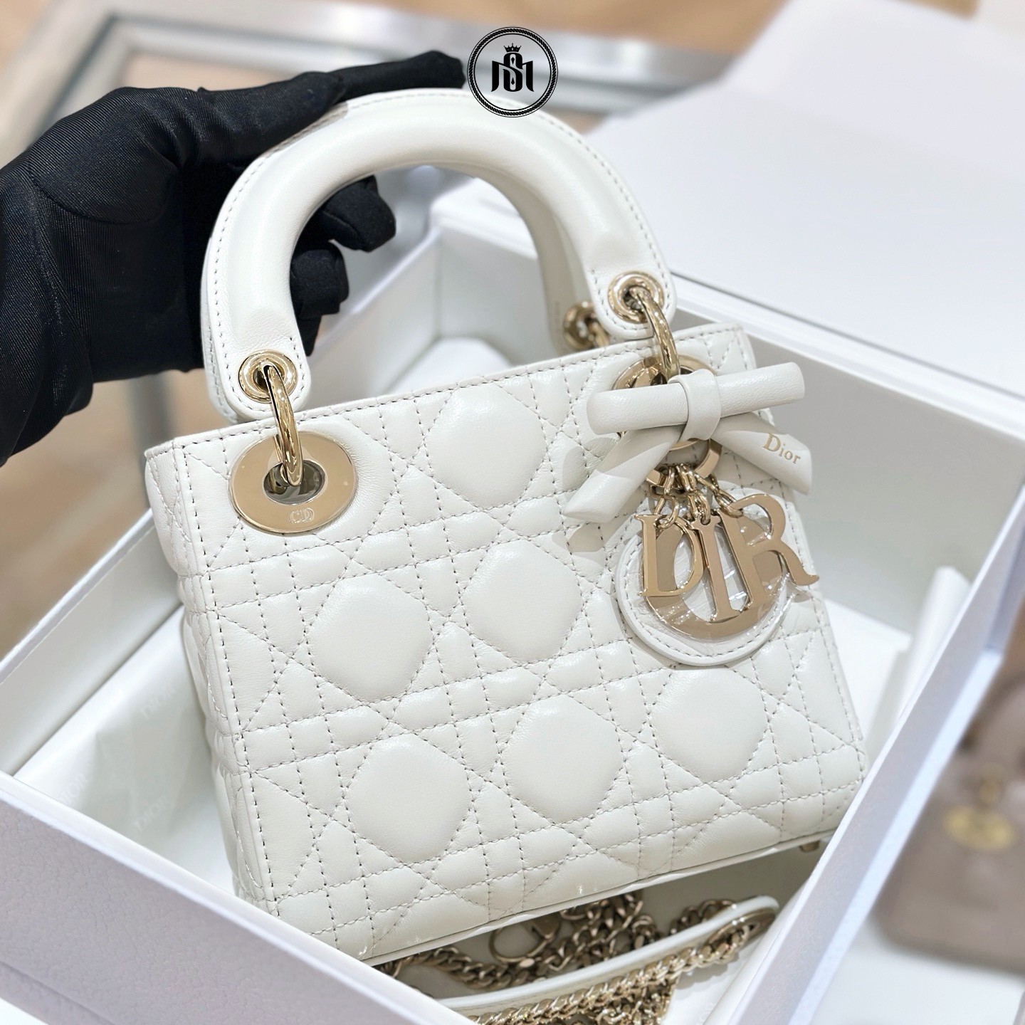 TÚI DIOR MINI LADY DIOR BAG WITH CHAIN LATTE CANNAGE LAMBSKIN 1 TÚI DIOR MINI LADY DIOR BAG WITH CHAIN LATTE CANNAGE LAMBSKIN